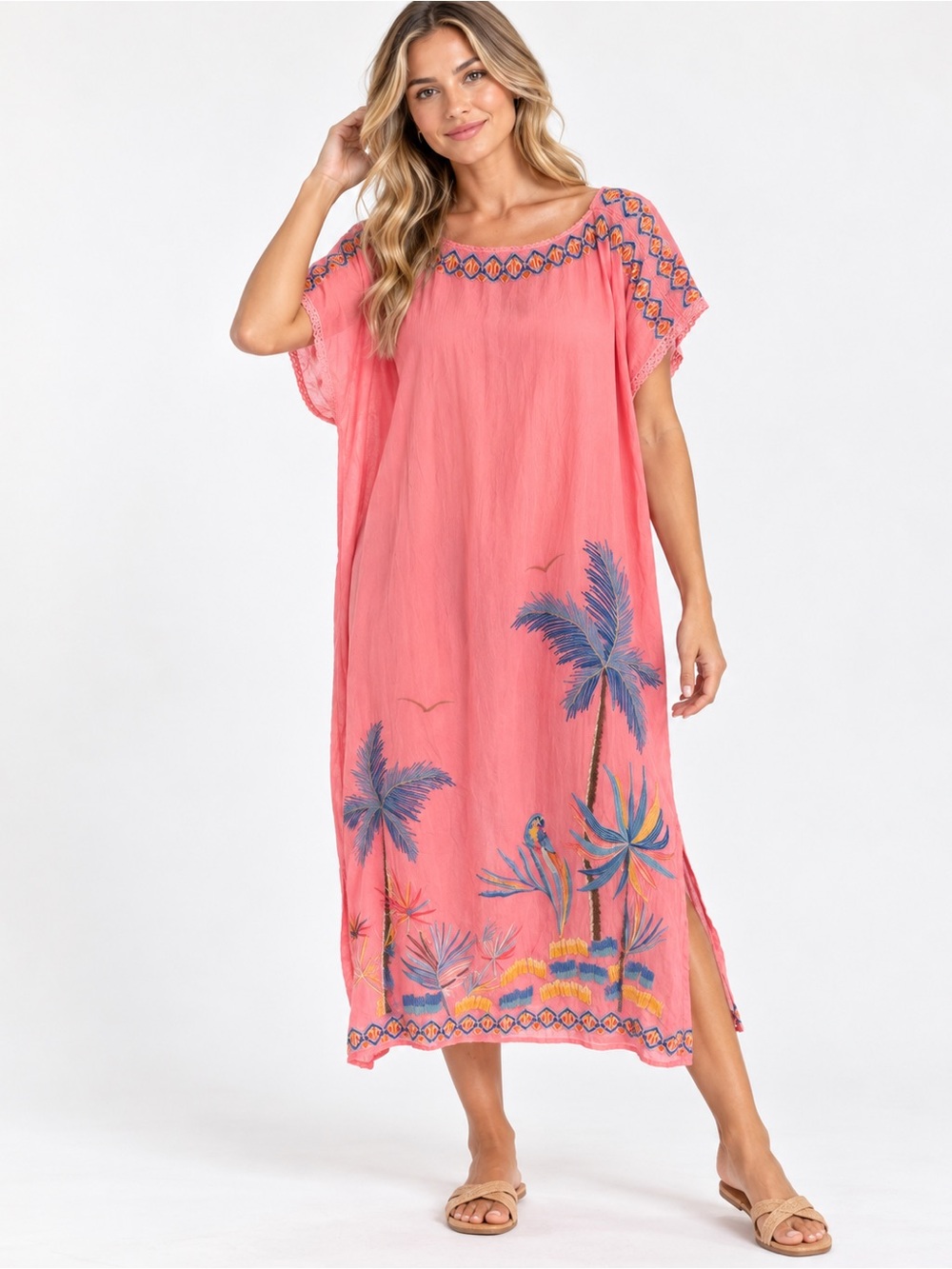 Johnny was Coral Pink Tropical Embroidered Caftan small